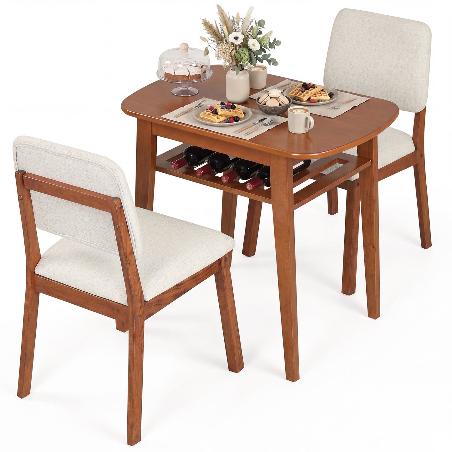 3-Piece Dining Table Set with Storage Rack for Small Spaces-Cherry