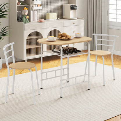 3-Piece Dining Table Set with Wood Grain Tabletop and Extra Wine Rack-White