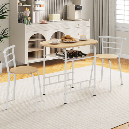 3-Piece Dining Table Set with Wood Grain Tabletop and Extra Wine Rack-White