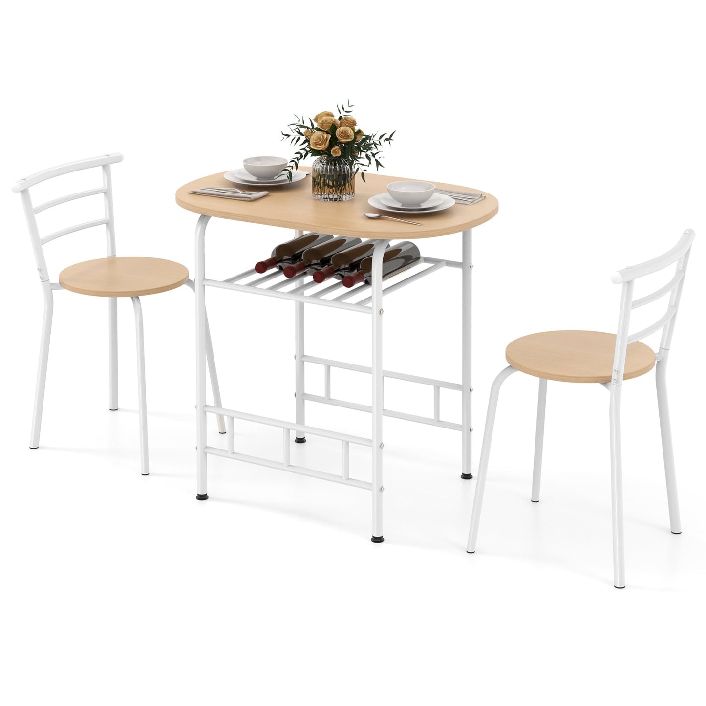 3-Piece Dining Table Set with Wood Grain Tabletop and Extra Wine Rack-White