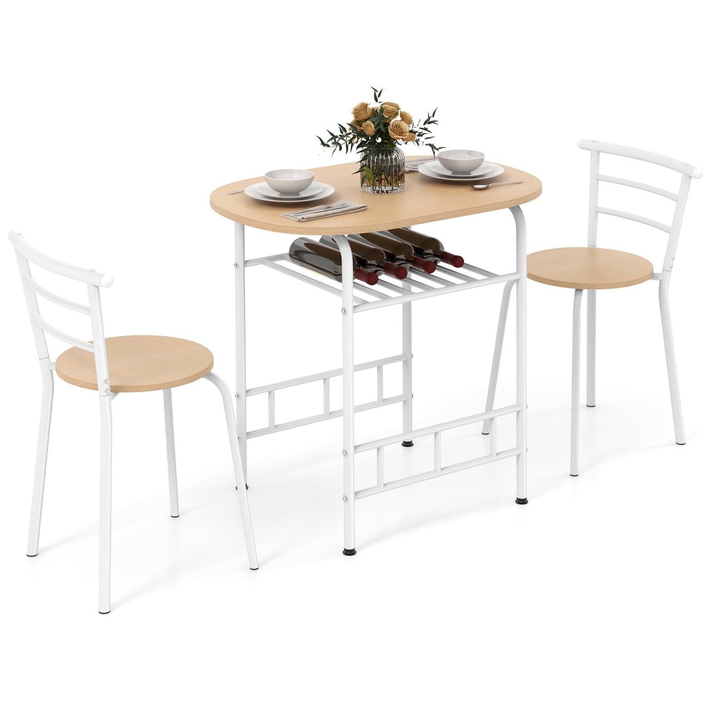 3-Piece Dining Table Set with Wood Grain Tabletop and Extra Wine Rack-White