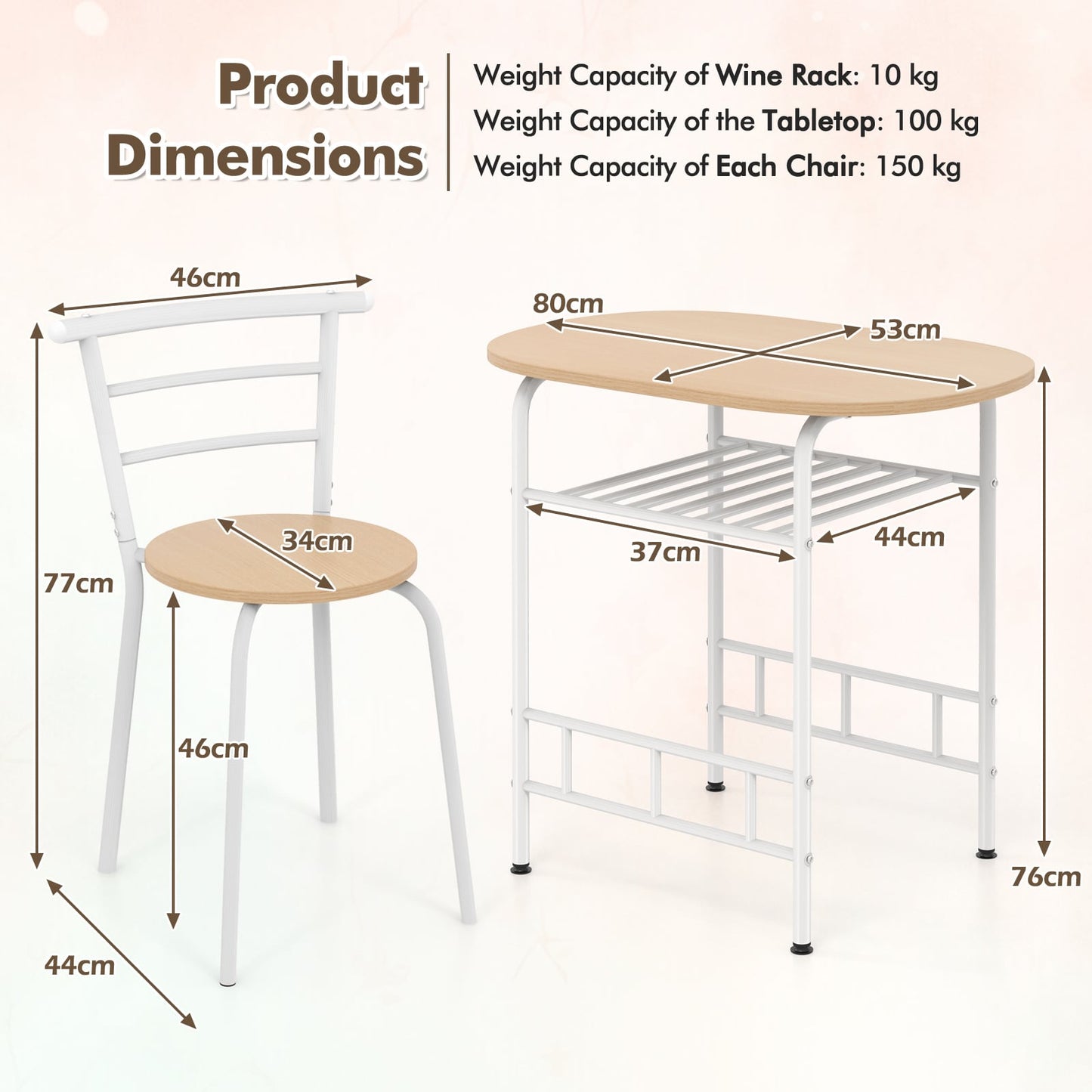 3-Piece Dining Table Set with Wood Grain Tabletop and Extra Wine Rack-White