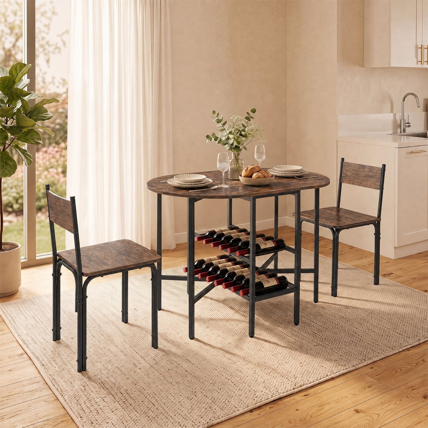 3-Piece Drop Leaf Dining Table Set with 2 Chairs and 2-Tier Storage Shelves for Kitchen-Rustic Brown