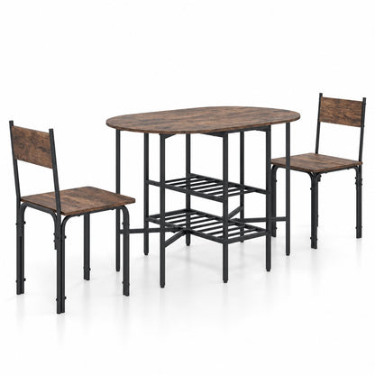 3-Piece Drop Leaf Dining Table Set with 2 Chairs and 2-Tier Storage Shelves for Kitchen-Rustic Brown