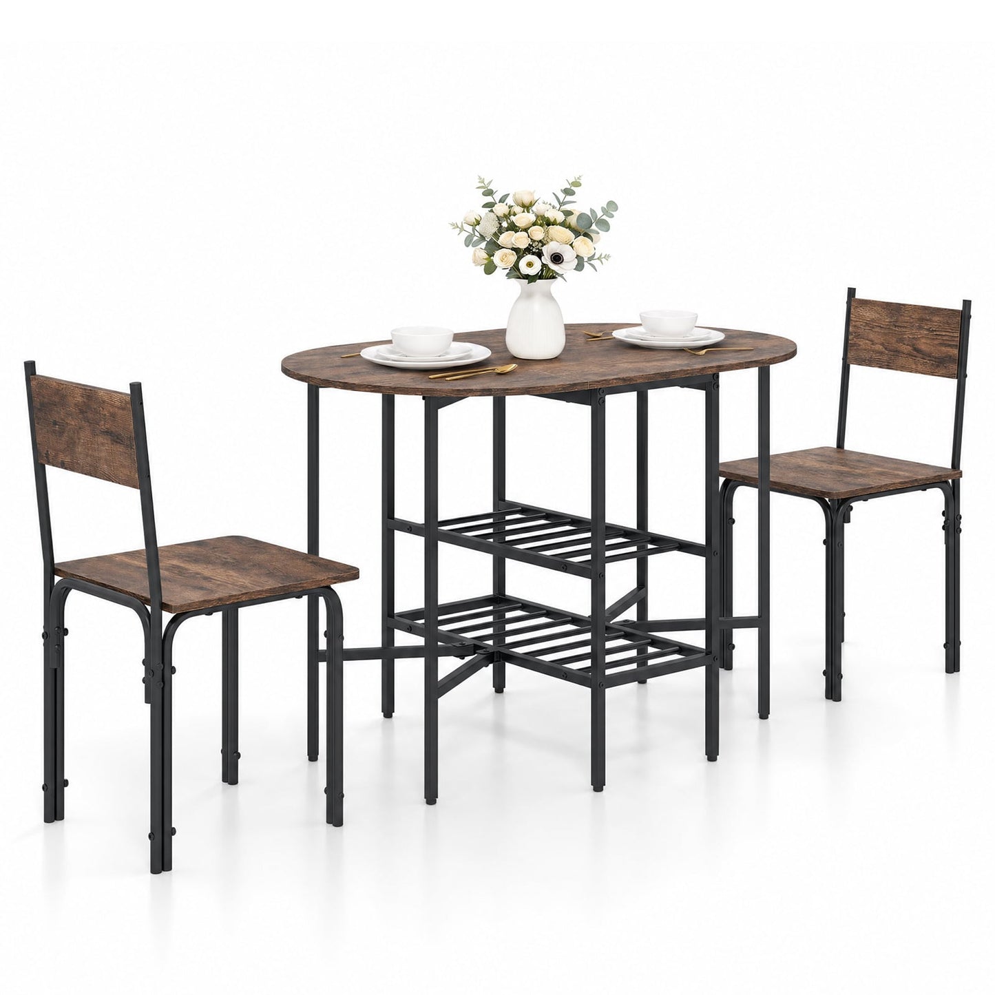 3-Piece Drop Leaf Dining Table Set with 2 Chairs and 2-Tier Storage Shelves for Kitchen-Rustic Brown