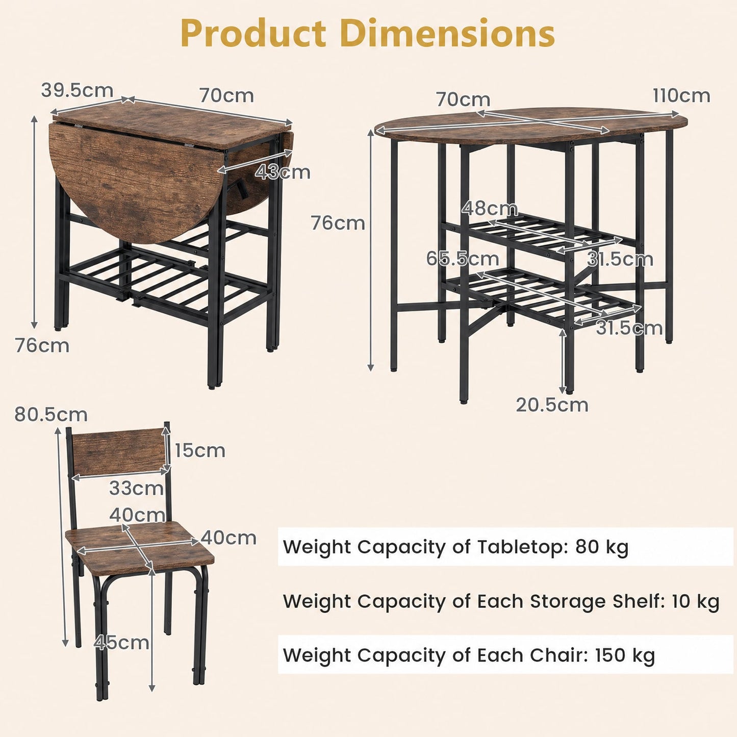 3-Piece Drop Leaf Dining Table Set with 2 Chairs and 2-Tier Storage Shelves for Kitchen-Rustic Brown