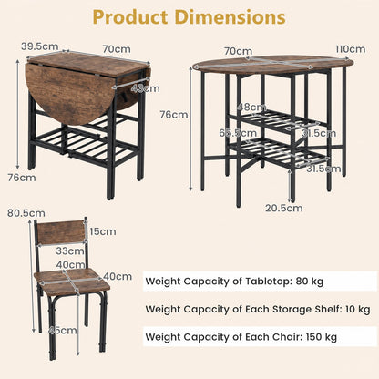 3-Piece Drop Leaf Dining Table Set with 2 Chairs and 2-Tier Storage Shelves for Kitchen-Rustic Brown