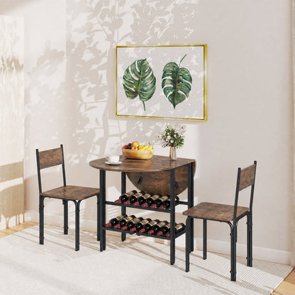 3-Piece Drop Leaf Dining Table Set with 2 Chairs and 2-Tier Storage Shelves for Kitchen-Rustic Brown