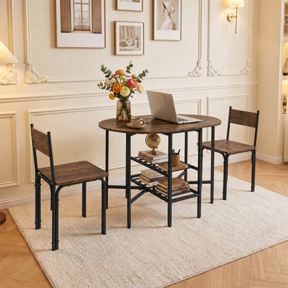 3-Piece Drop Leaf Dining Table Set with 2 Chairs and 2-Tier Storage Shelves for Kitchen-Rustic Brown
