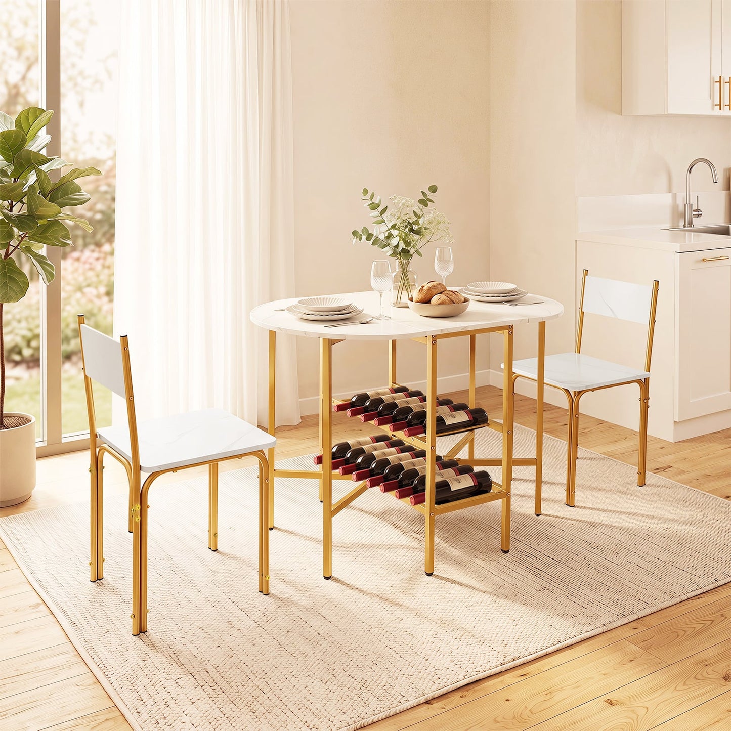 3-Piece Drop Leaf Dining Table Set with 2 Chairs and 2-Tier Storage Shelves for Kitchen-White