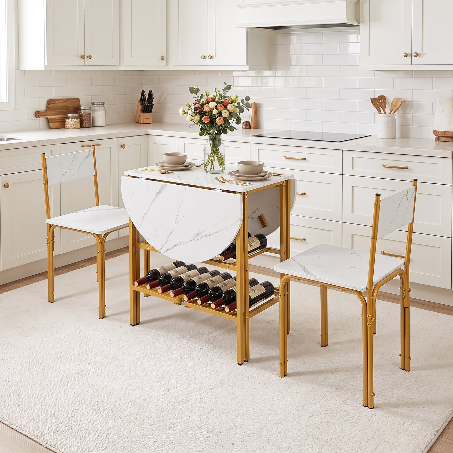 3-Piece Drop Leaf Dining Table Set with 2 Chairs and 2-Tier Storage Shelves for Kitchen-White