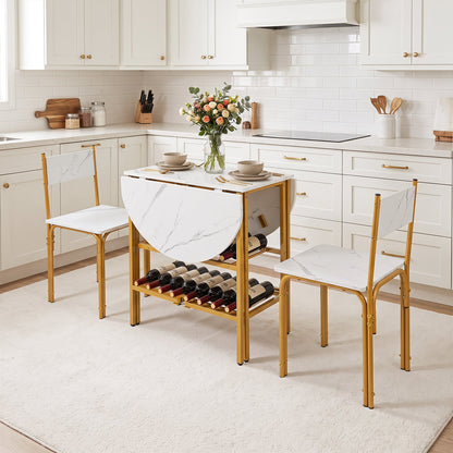 3-Piece Drop Leaf Dining Table Set with 2 Chairs and 2-Tier Storage Shelves for Kitchen-White