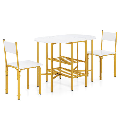 3-Piece Drop Leaf Dining Table Set with 2 Chairs and 2-Tier Storage Shelves for Kitchen-White