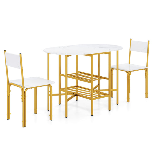3-Piece Drop Leaf Dining Table Set with 2 Chairs and 2-Tier Storage Shelves for Kitchen-White