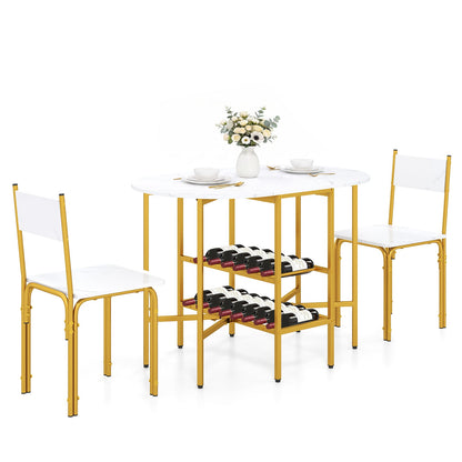 3-Piece Drop Leaf Dining Table Set with 2 Chairs and 2-Tier Storage Shelves for Kitchen-White