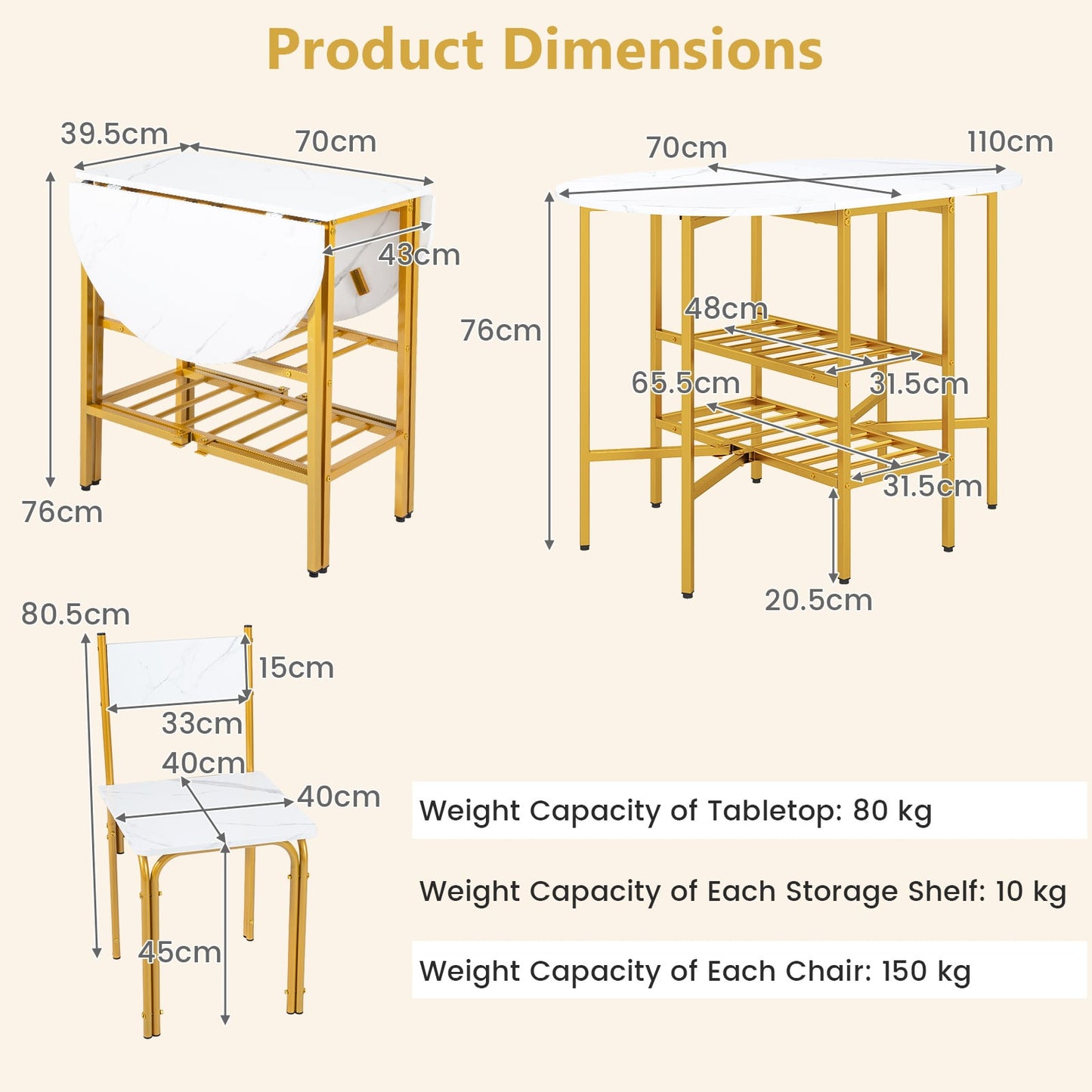 3-Piece Drop Leaf Dining Table Set with 2 Chairs and 2-Tier Storage Shelves for Kitchen-White