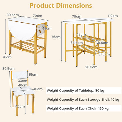 3-Piece Drop Leaf Dining Table Set with 2 Chairs and 2-Tier Storage Shelves for Kitchen-White