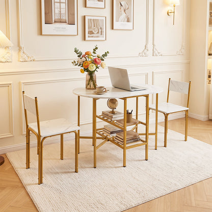 3-Piece Drop Leaf Dining Table Set with 2 Chairs and 2-Tier Storage Shelves for Kitchen-White