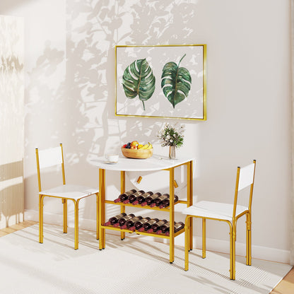 3-Piece Drop Leaf Dining Table Set with 2 Chairs and 2-Tier Storage Shelves for Kitchen-White