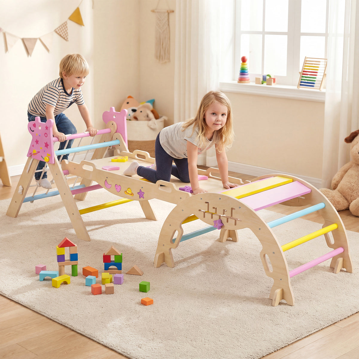 3-Piece Foldable Toddler Climbing Toys with Climber Rope and Maze Game-Macaron