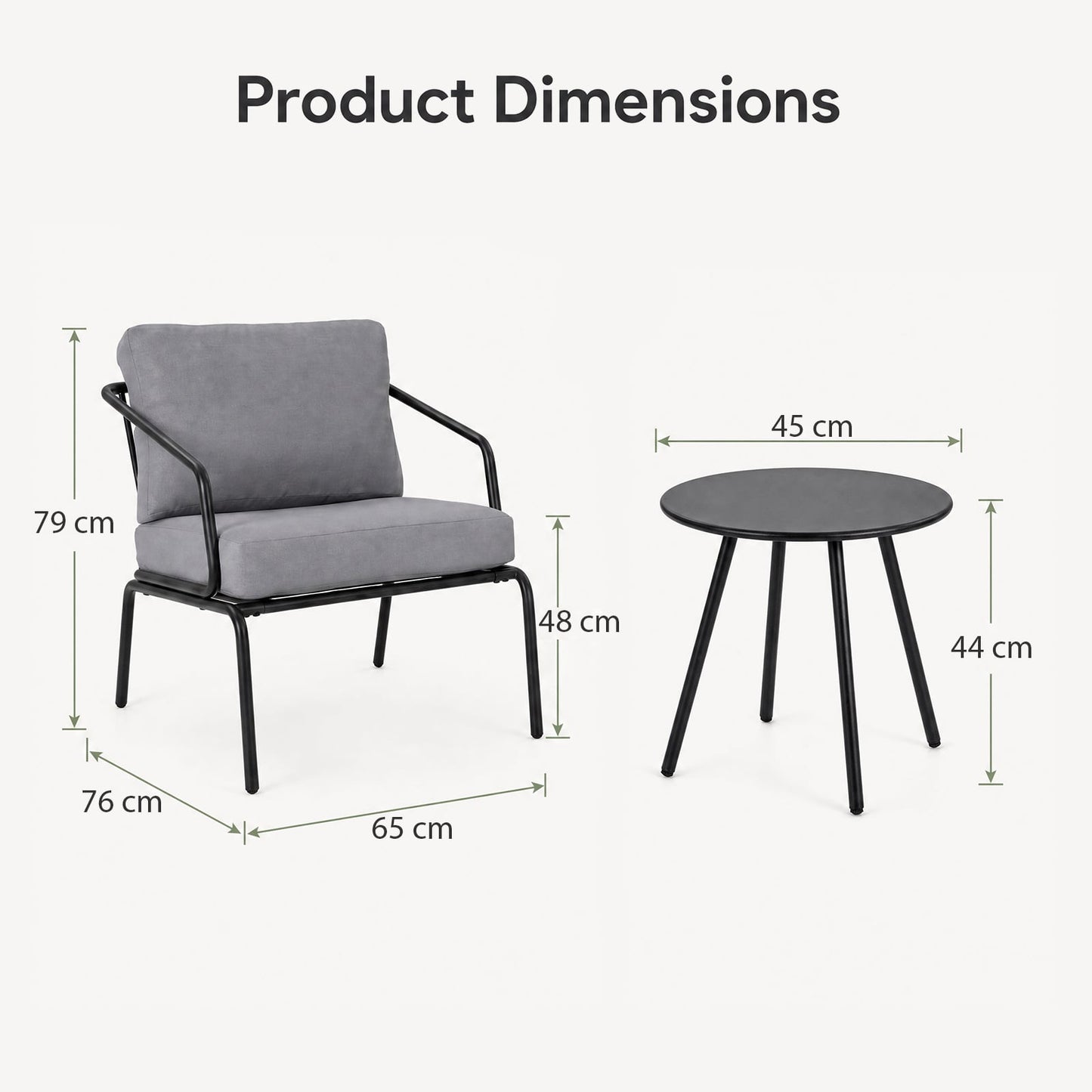 3 Piece Outdoor Bistro Set Round Side Table and 2 Armchairs with Padded Cushions-Grey