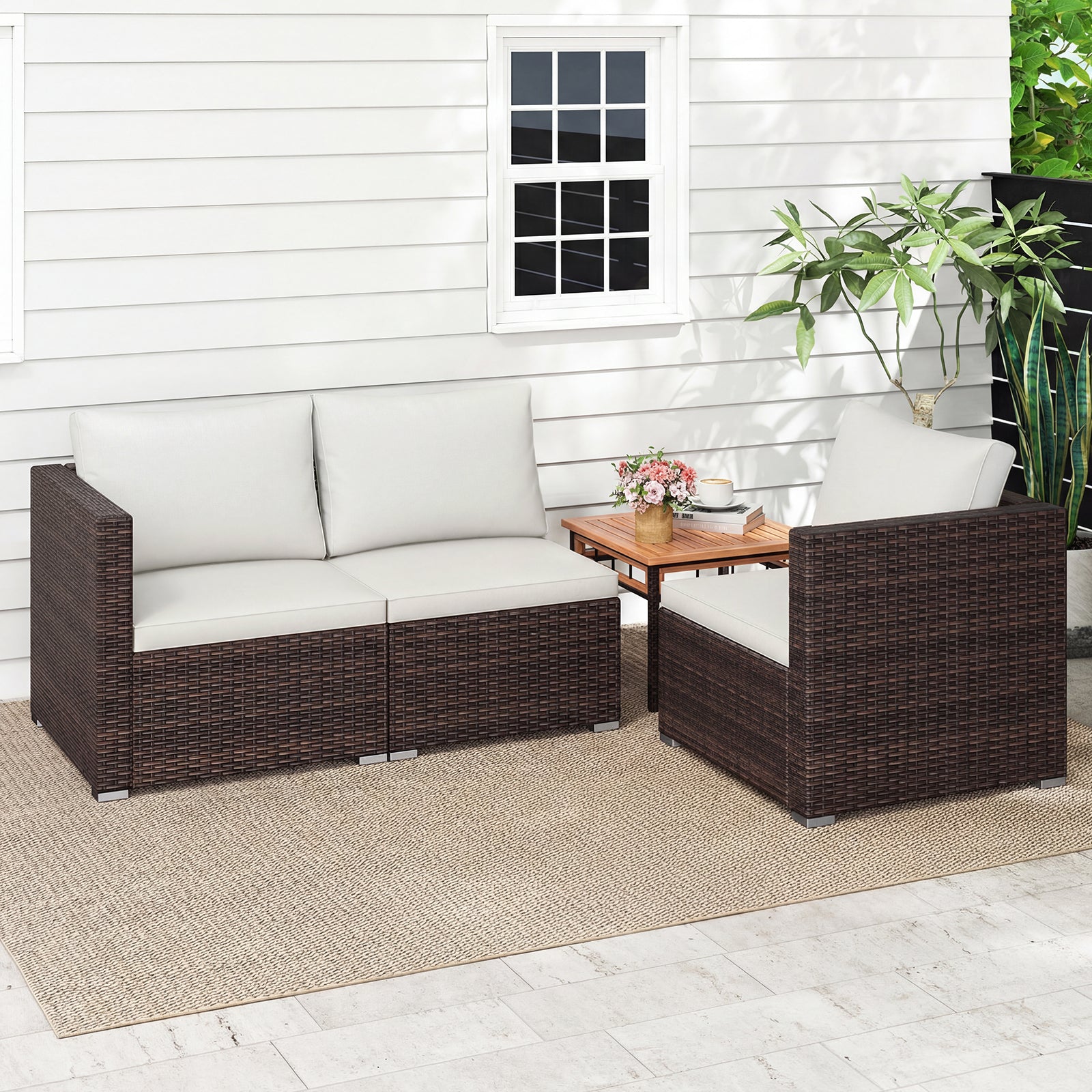 3-Piece Outdoor Wicker Sectional Sofa Set PE Rattan Modular Couch with Thick Cushions-White