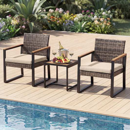 3-Piece PE Wicker Patio Set with Soft Cushion and Side Table for Balcony-Beige