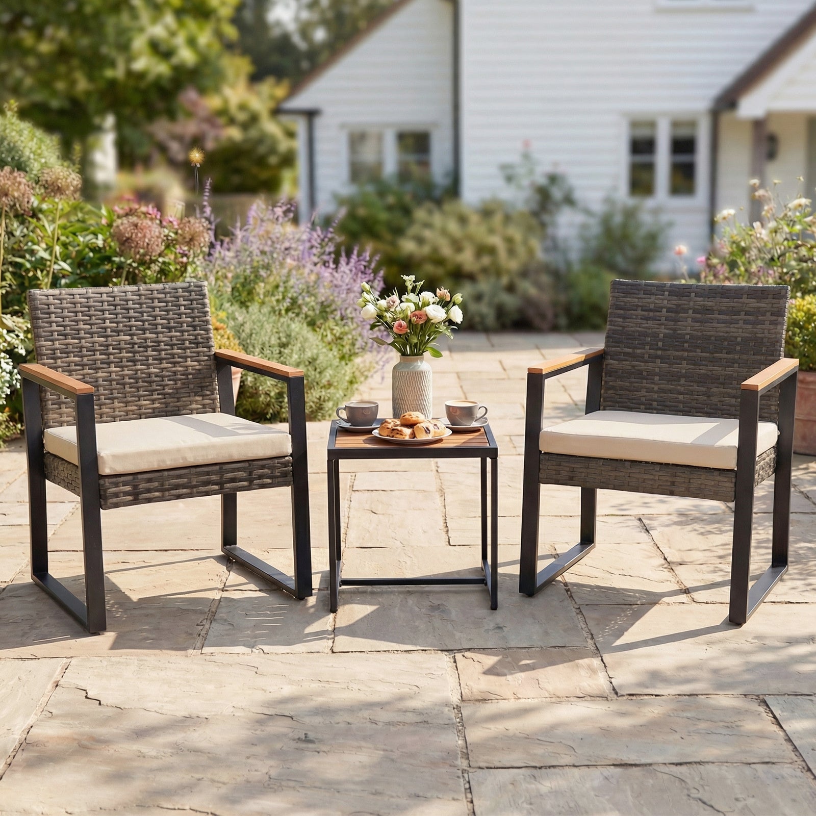 3-Piece PE Wicker Patio Set with Soft Cushion and Side Table for Balcony-Beige
