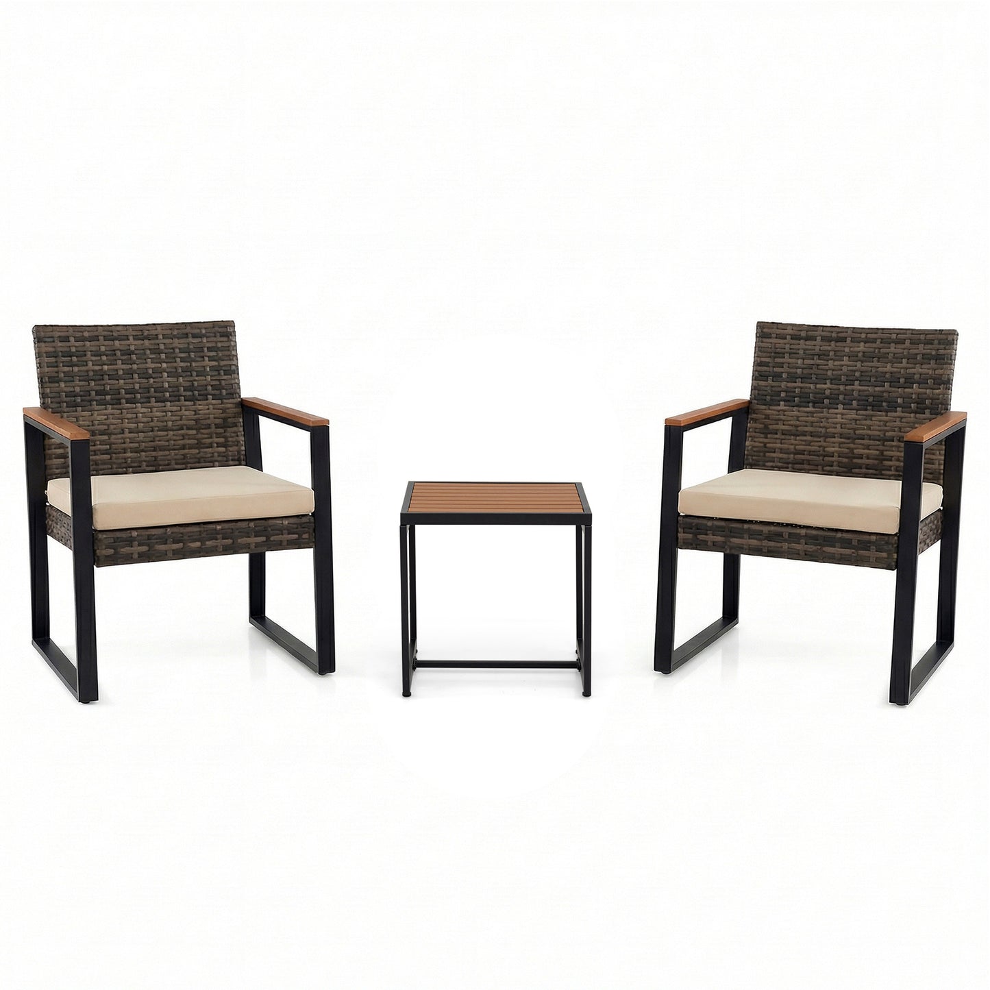 3-Piece PE Wicker Patio Set with Soft Cushion and Side Table for Balcony-Beige