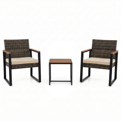 3-Piece PE Wicker Patio Set with Soft Cushion and Side Table for Balcony-Beige
