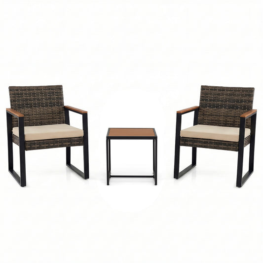 3-Piece PE Wicker Patio Set with Soft Cushion and Side Table for Balcony-Beige