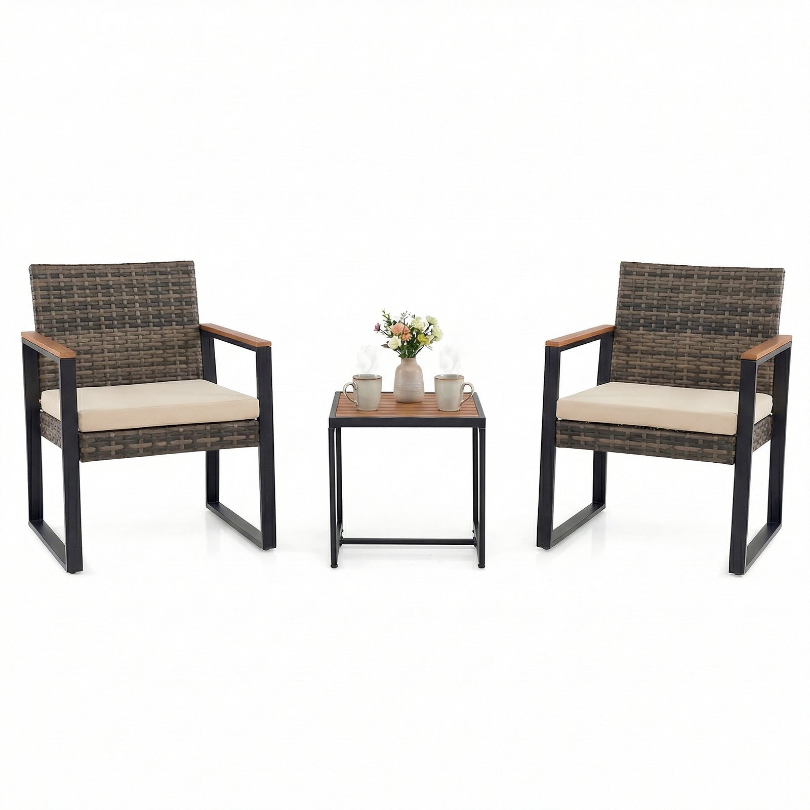 3-Piece PE Wicker Patio Set with Soft Cushion and Side Table for Balcony-Beige