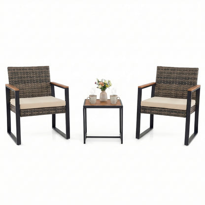 3-Piece PE Wicker Patio Set with Soft Cushion and Side Table for Balcony-Beige