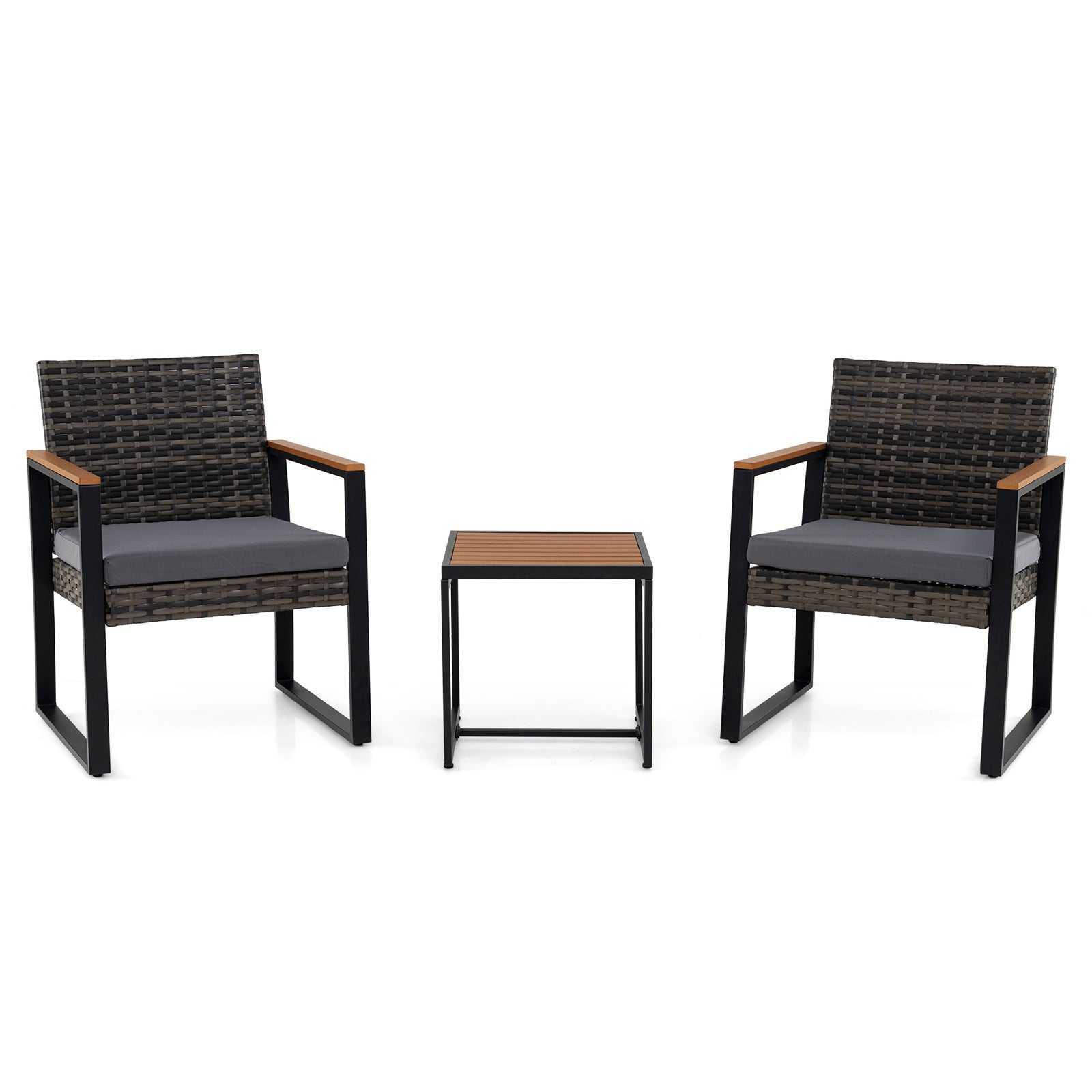 3-Piece PE Wicker Patio Set with Soft Cushion and Side Table for Balcony-Grey
