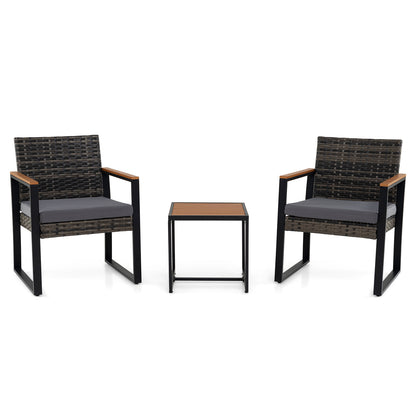 3-Piece PE Wicker Patio Set with Soft Cushion and Side Table for Balcony-Grey