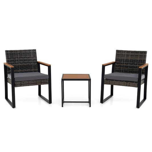 3-Piece PE Wicker Patio Set with Soft Cushion and Side Table for Balcony-Grey