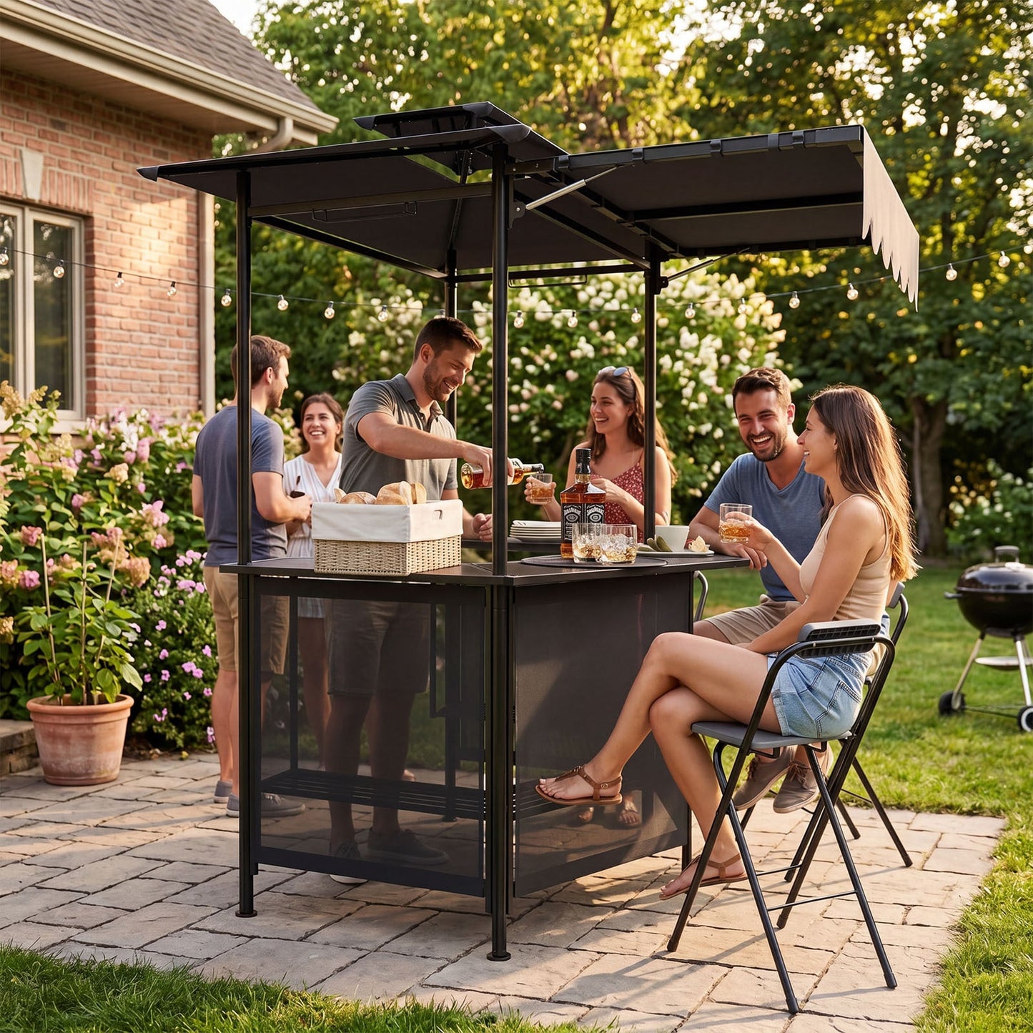 3-Piece Patio Bar Set and Outdoor BBQ Canopy with Bar Table and 2 Folding Bar Stools for Backyard-Grey