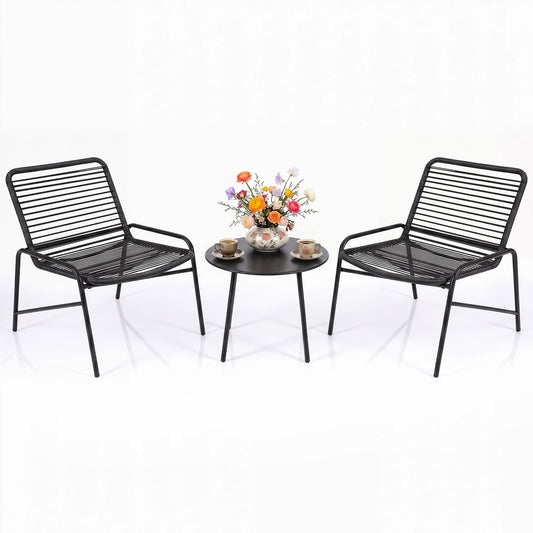 3 Piece Patio Bistro Set Rattan Chairs with Side Table Outdoor Wicker Conversation Set-Black