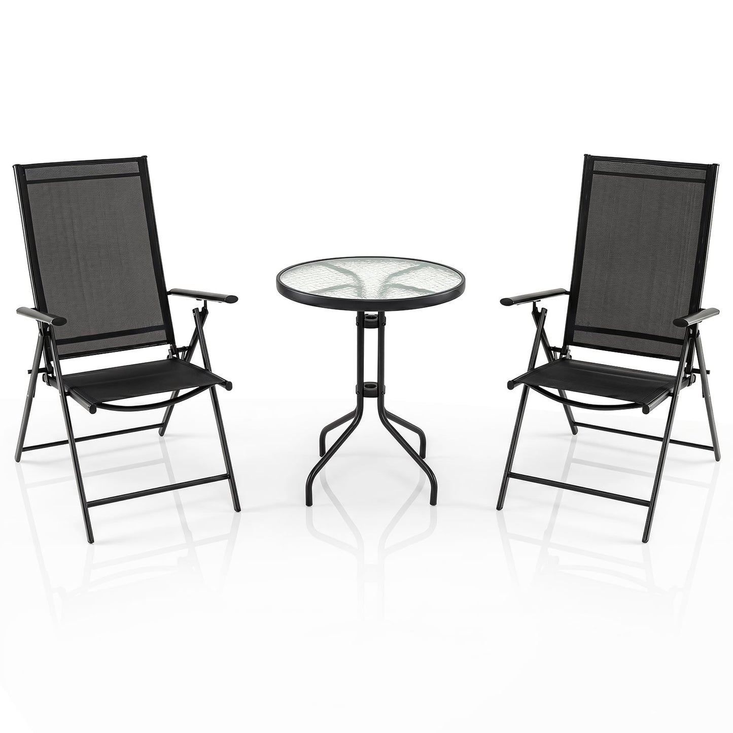 3 Piece Patio Bistro Set with Tempered Glass Coffee Table and Heavy Duty Metal Frame-Black