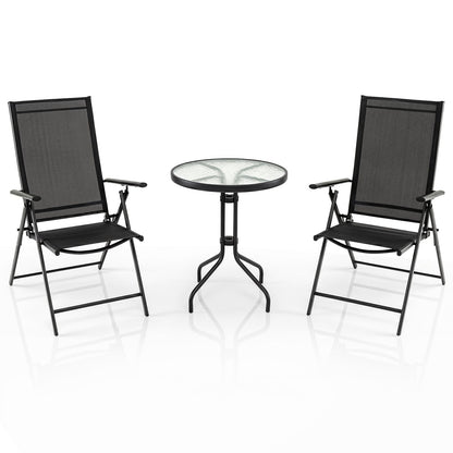 3 Piece Patio Bistro Set with Tempered Glass Coffee Table and Heavy Duty Metal Frame-Black
