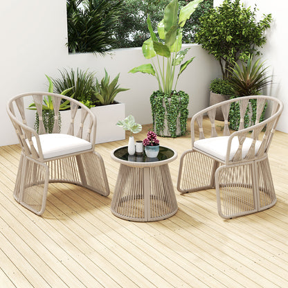 3 Piece Patio Leisure Chair Set Rope-Woven Armchairs and Table Set with Soft Seat Cushions-White
