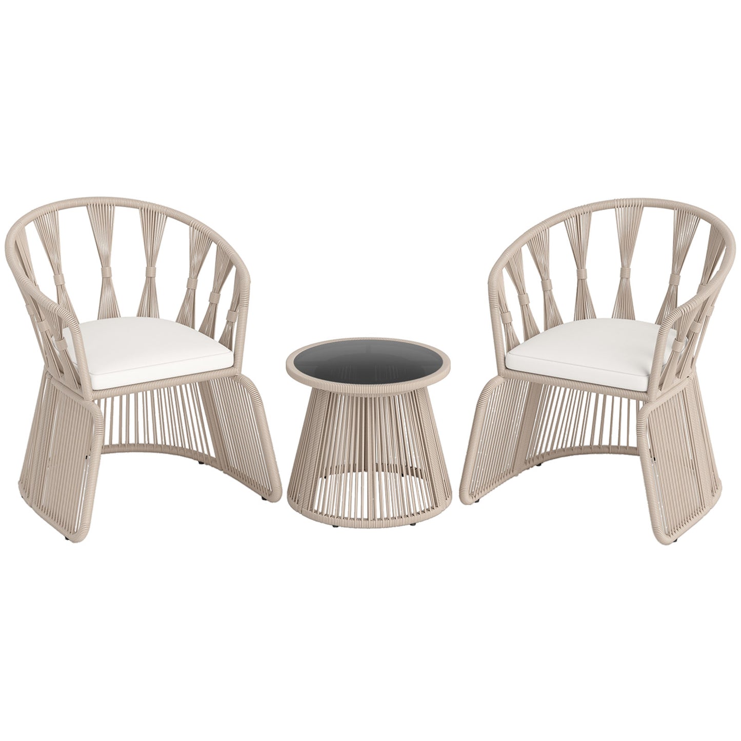 3 Piece Patio Leisure Chair Set Rope-Woven Armchairs and Table Set with Soft Seat Cushions-White