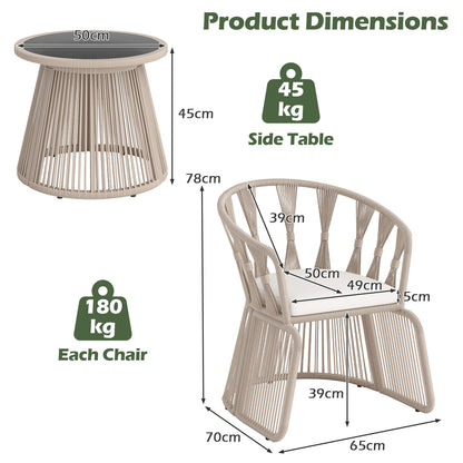 3 Piece Patio Leisure Chair Set Rope-Woven Armchairs and Table Set with Soft Seat Cushions-White