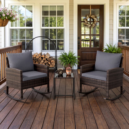 3-Piece Wicker Rocking Bistro Set with Tempered Glass Table and Cushions for Patio-Grey