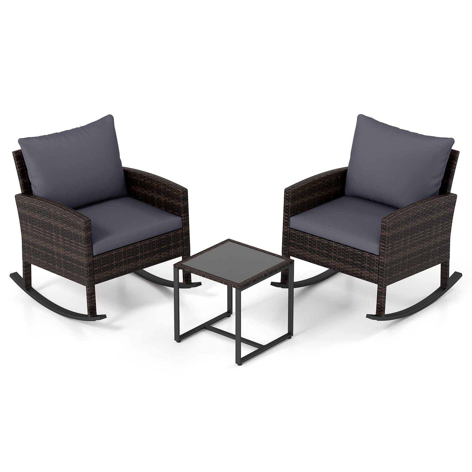 3-Piece Wicker Rocking Bistro Set with Tempered Glass Table and Cushions for Patio-Grey