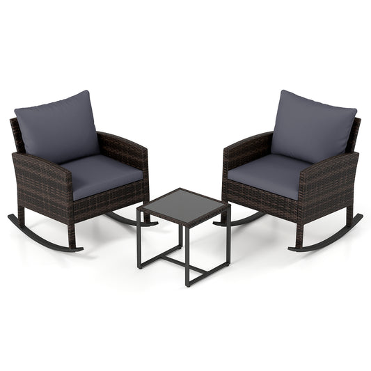 3-Piece Wicker Rocking Bistro Set with Tempered Glass Table and Cushions for Patio-Grey