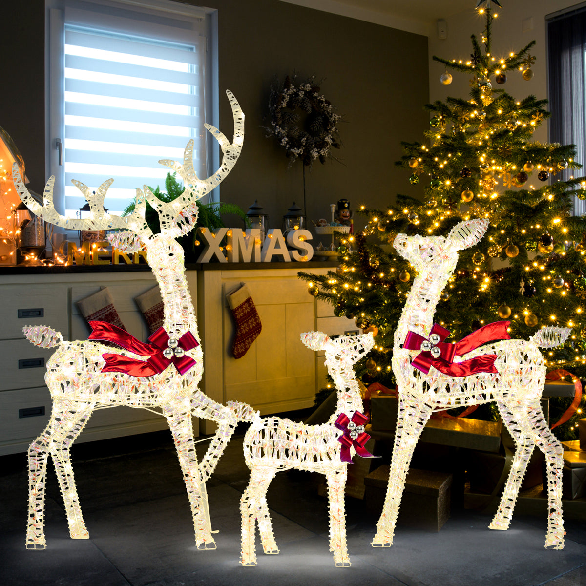3-Piece Christmas Lighted Iridescent Reindeer Family Set Pre-lit Xmas Deer Family