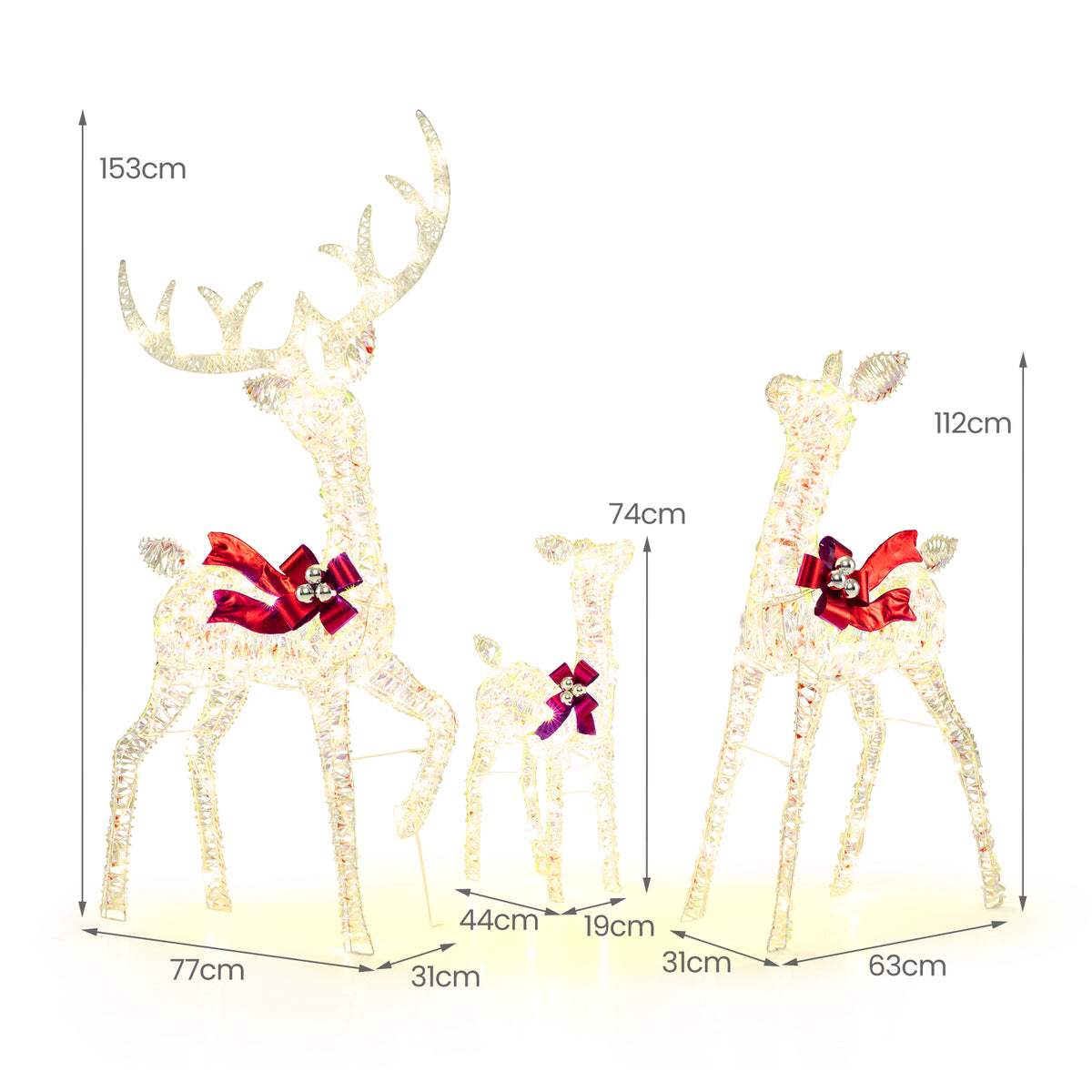3-Piece Christmas Lighted Iridescent Reindeer Family Set Pre-lit Xmas Deer Family