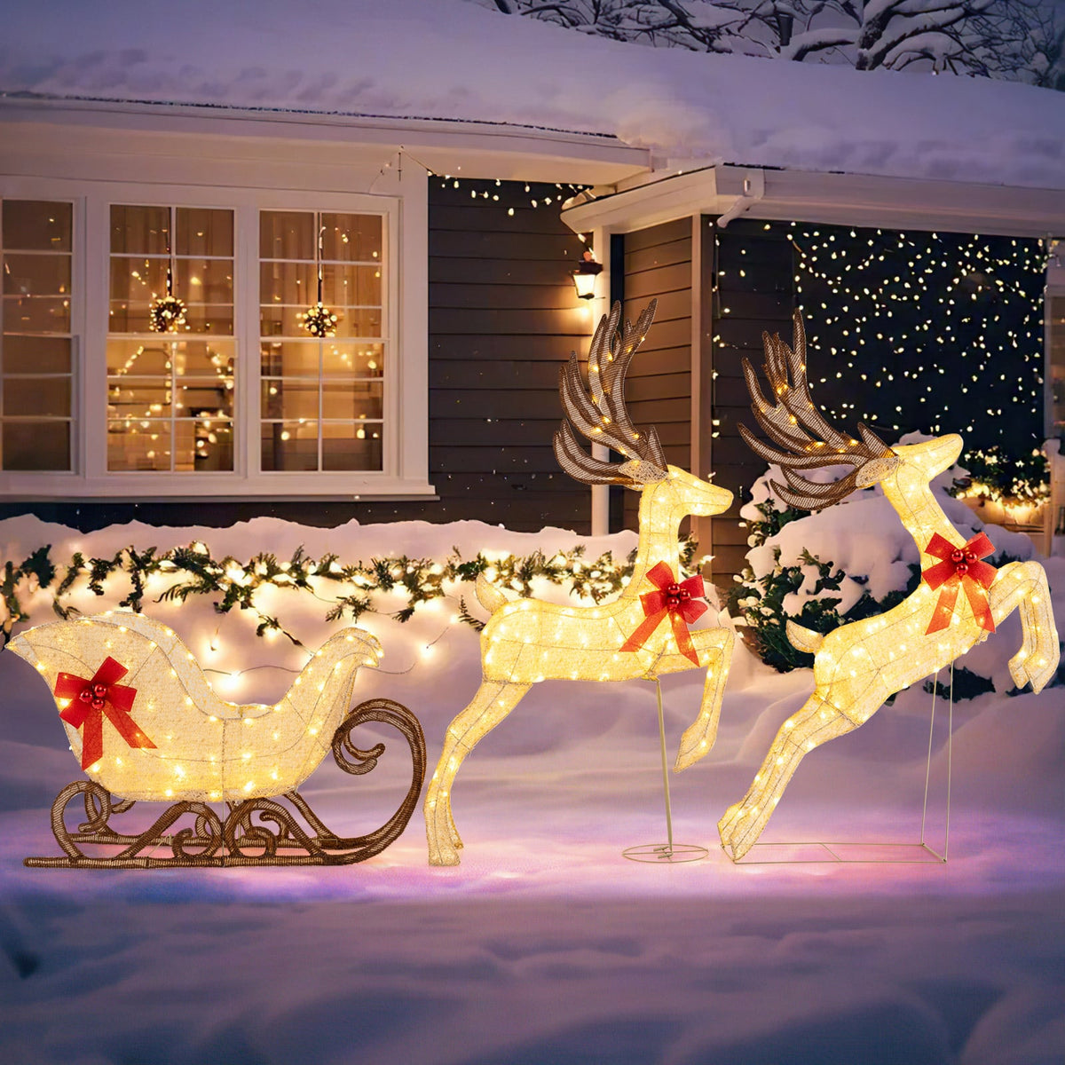 3-Piece Christmas Lighted Reindeer and Sleigh Set Lighted Deer Decoration
