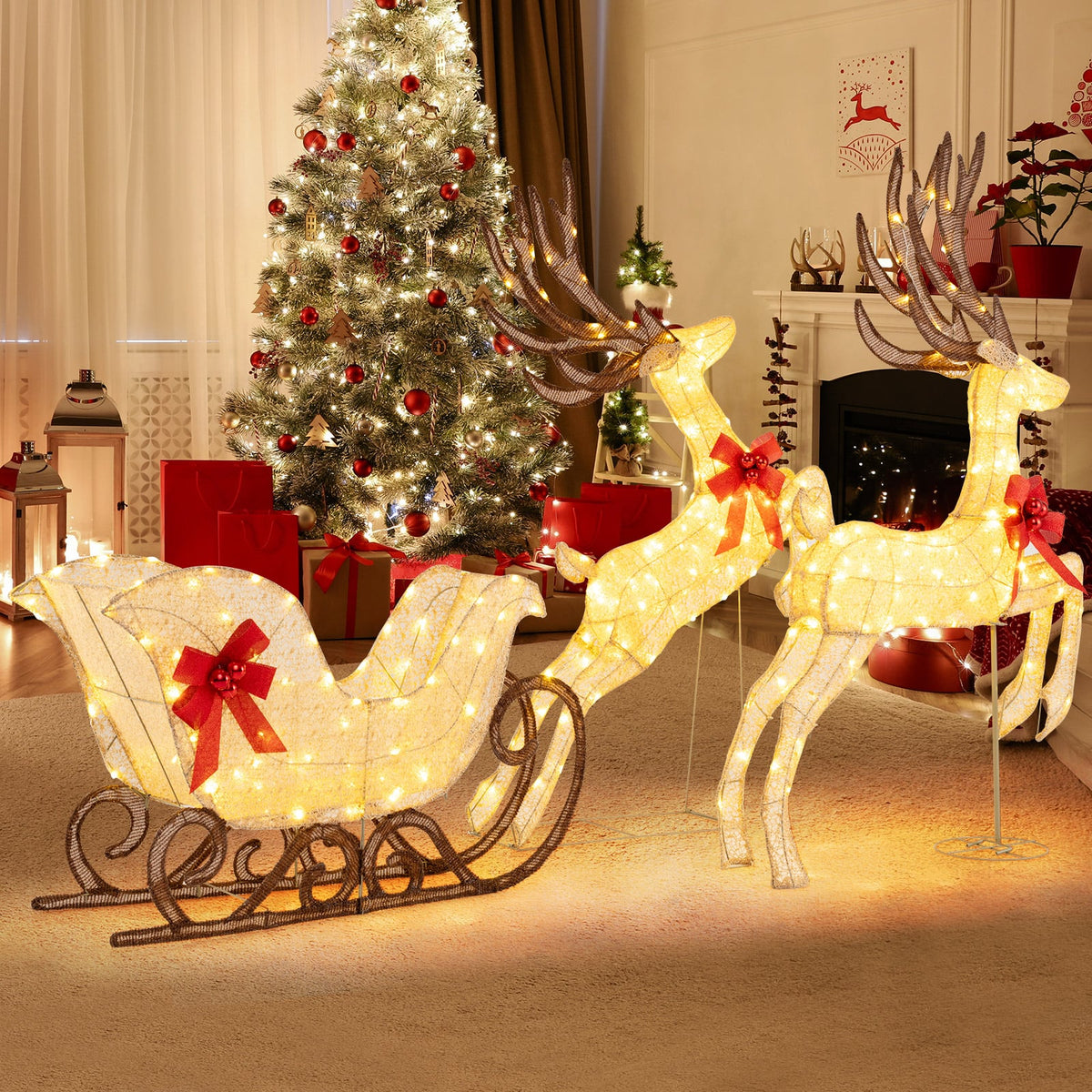 3-Piece Christmas Lighted Reindeer and Sleigh Set Lighted Deer Decoration